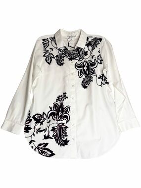 Chico's No Iron Floral Stretch Tunic Button Down White‎ Black Size 1 / US 8